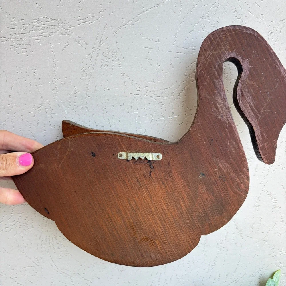Vintage Hand Painted Wooden Swan Wall Decor Folk Art Yellow Floral 9 Inch
